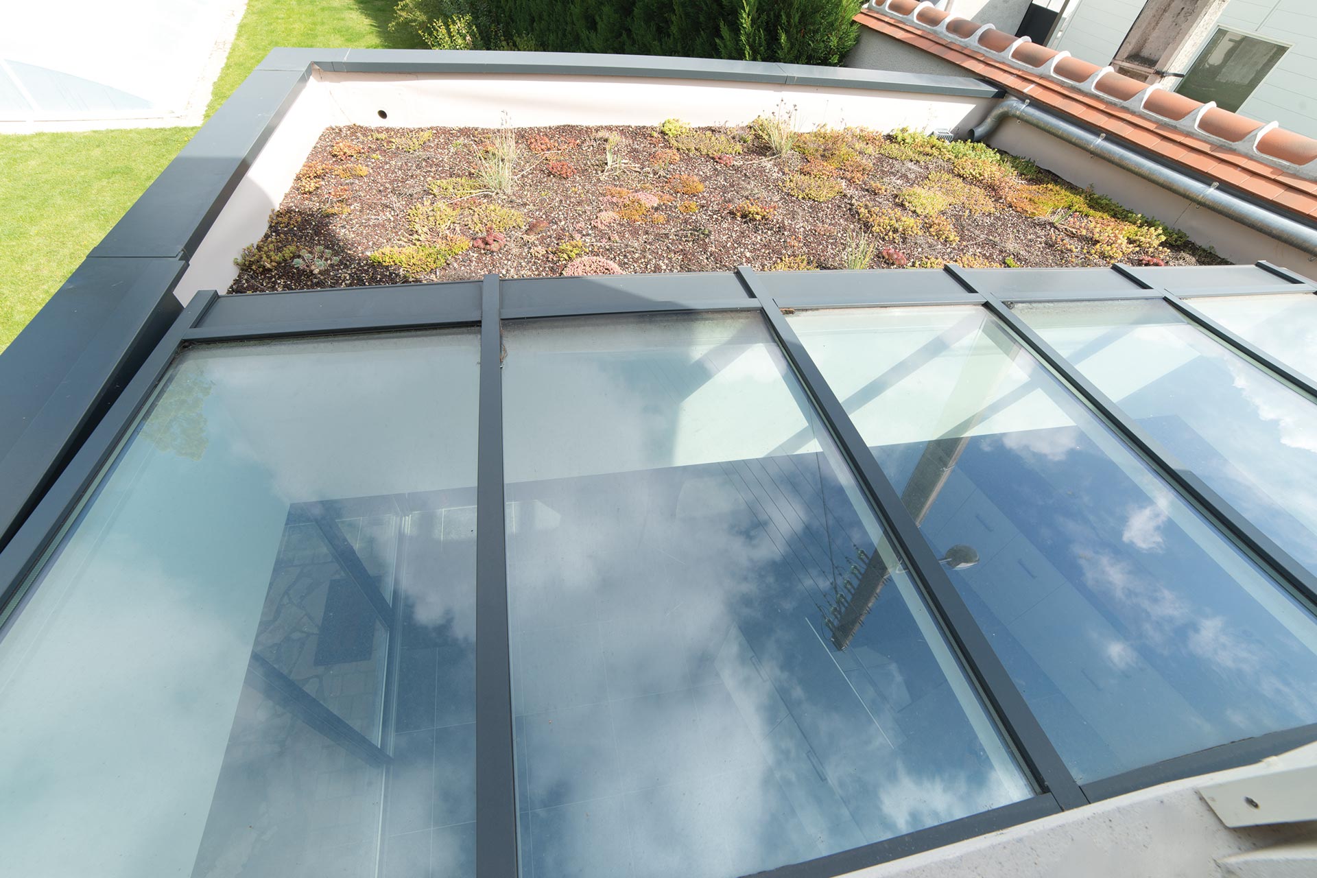 Extension, vitrée & toiture végétalisée